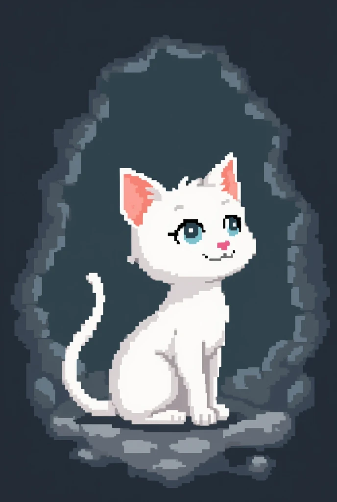  The image shows a pixel kitten .  It is designed in a minimalist pixel art style and has the following features:
 Pixel white kitten lost in a cave
Form :  Simple silhouette figure ,  with clear angular lines .
color:  The kitten consists of a shade of wh...