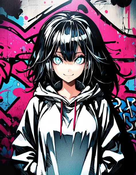 masterpiece,  top quality, 8k, Detailed Background , masterpiece,  top quality, smile,  ornament,  hoodie, Portraiture, Neon Red, graffiti, dark, night, Shining Eyes,  black light , Komeichi Satori