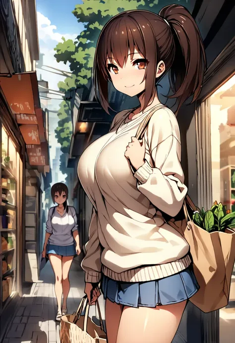 (  masterpiece  ,   top quality:1.2), One anime girl , Alone,   expressive eyes, Walking around the shopping street with an eco bag  , (((Dark-haired ponytail ))). ((( straight hair))), (smile), (((Reddish brown eyes))), ((( perfect face girl ))), (((Summe...