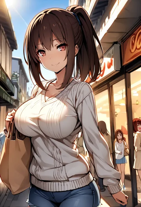 (  masterpiece  ,   top quality:1.2), One anime girl , Alone,   expressive eyes, Walking around the shopping street with an eco bag  , (((Dark-haired ponytail ))). ((( straight hair))), (smile), (((Reddish brown eyes))), ((( perfect face girl ))), (((Summe...