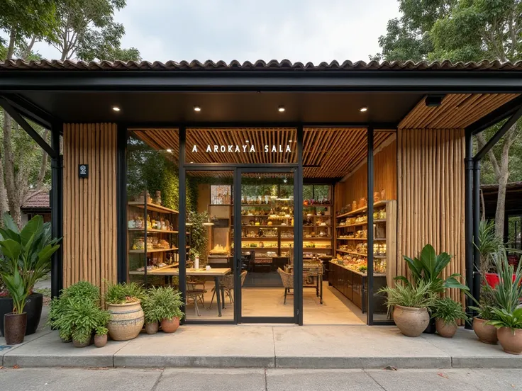 ### Description for "A Arokaya Sala" Shop Design  

Under the existing metal sheet roof structure, the proposed shop space is 12 meters wide and 8 meters deep, approximately 100 square meters. The design embraces both functionality and an aesthetic that ha...