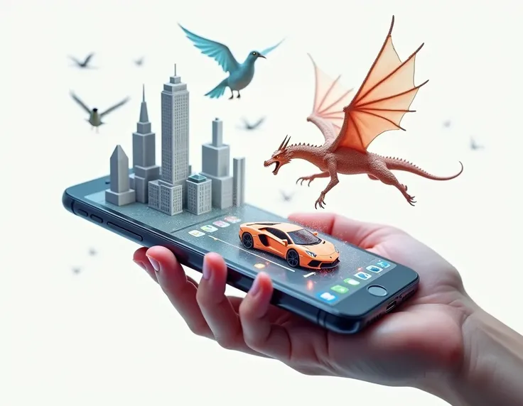 there are magic 3d car and buildings and dragon and birds coming out of an apple iphon. background is white. a hand scrolling the iphon.