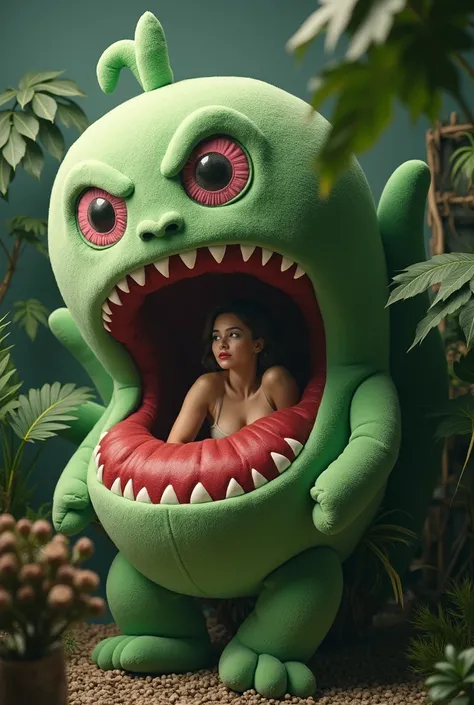 a huge plush plant captures a beautiful woman, her body is grabbed and is pulled into its plushy insides by its large and soft embrace, the woman is struggling against the plant, and the woman is almost entirely inside the plant. the plant plush is much la...