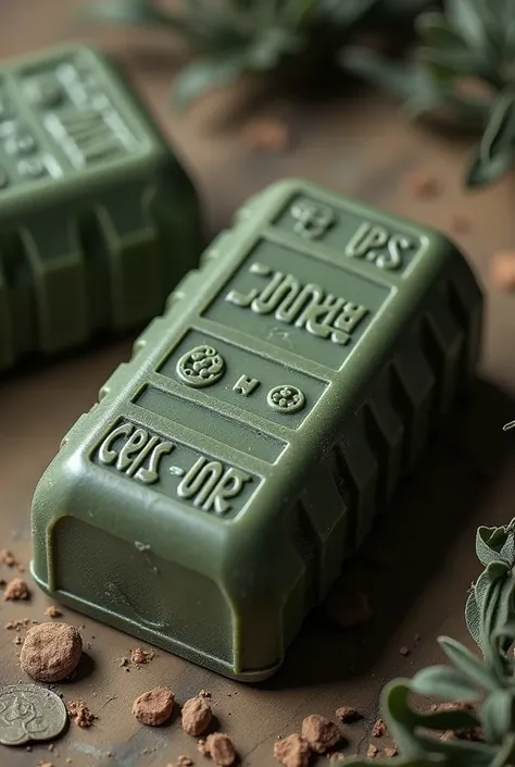 Military theme soap bar , BRIGADIER MODEL : M18A1 , PROPERTY OF US GOVERNMENT, STAMPINGS ON IT , DANGER EXPLOSIVE ANTI GERMACIDE ANTI VIRAL MATERIALS INSIDE STAMP MARKS ,GREEN COLOR SOAP BAR , precise text stamping 