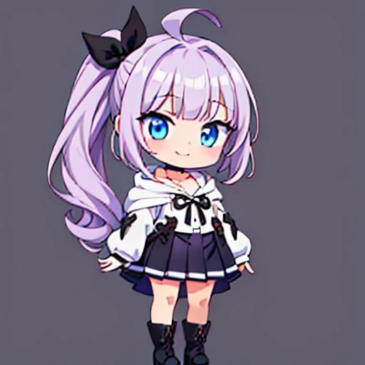 ((Anime Girl, 1 Girl, 18 Years Old Girl, Side Ponytail:1.2, Lilac Colored Hair:1.2, Ahoge, Wavy Hair, Blunt Bangs, Huge Breasts:1.2, Collarbone, Blue Eyes, Long Eyelashes, Small Waist, Beautiful Skin, Cute, Chibi, Good Humor, Smile, Teeth, Peace Sign)), BR...