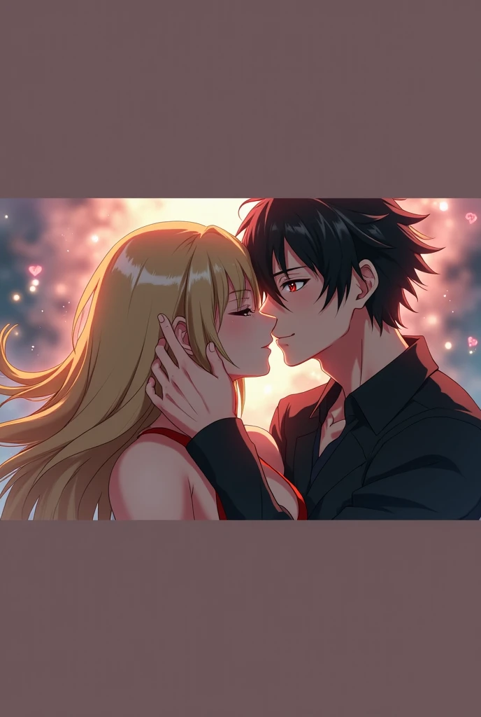 Black-haired and red-eyed man wearing a black outfit kissing a physically fit woman with long blond hair and big breasts anime version