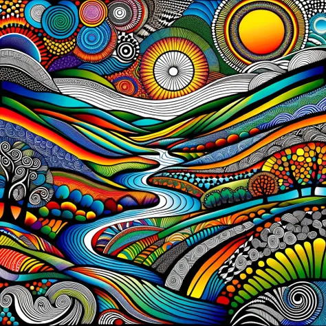 Masterpiece, best composition, dynamic composition, zentangle style, colorful landscape painting, psychedelic landscape, vibrant abstract landscape, river flowing through hilly area, rolling hills, various trees and grasses, colorful design, sun, blue sky ...