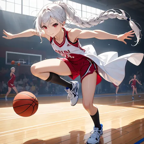 A young female basketball player performing a vivid jump shot. She holds the ball firmly in both hands, aiming for the goal with perfect form. Her slim basketball uniform accentuates her toned body, and black high socks add a stylish contrast. Her carefull...