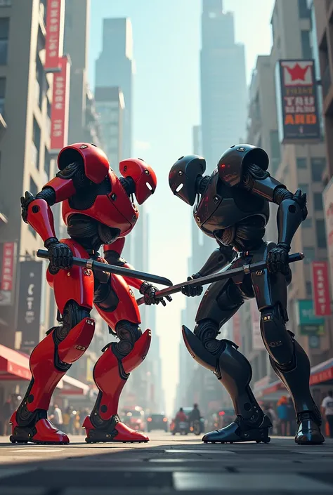 In the center of the city, red robot and black robot fighting with long knights