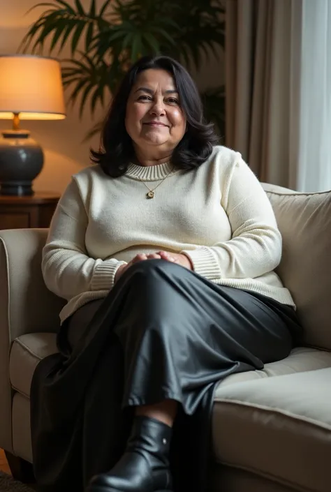 Tall plusize fat 55 year old house wife with large breasts, dark hair, wearing black leather maxi skirt, black leather boots, white wool jumper sitting on couch with legs crossed