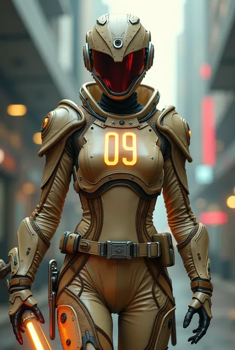 **Prompt para imagem:**  

 Create the image of a warrior in a terrifying female Power Ranger costume ,  designed based on the number 09 .  The womens costume is beige ,  with gold and brown details that accentuate her futuristic and threatening appearance...