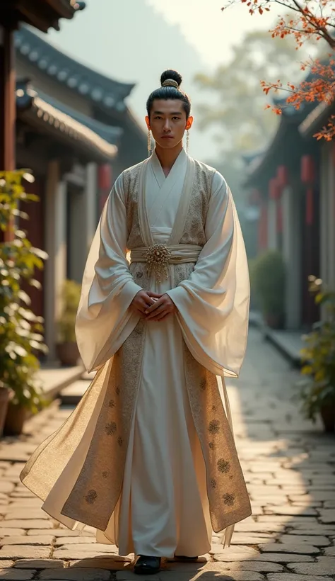 The most beautiful hanfu dress in this world worn by a man is Daman Black one boy boys hanfu most beautiful in the world , Short hair, (((Korean hair styles))), Old Chinese village background.