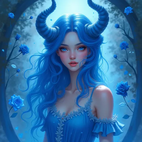 girl blue hair long hair blue eyes blue dress blue rose demon