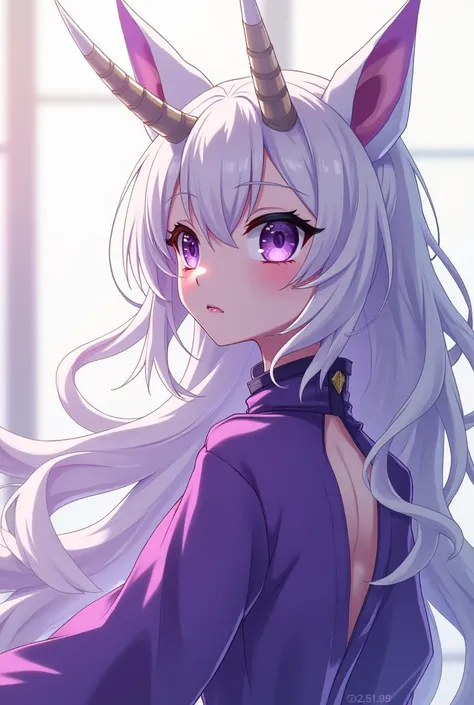 Furry, anime art of Kirin, Violet Eyes, purple face, White nose, White chin, Purple Body, White Hair, 2 white horns, femboy, Tengen Uzui Outfit, Looking to the left, masterpiece, 4k, best quality