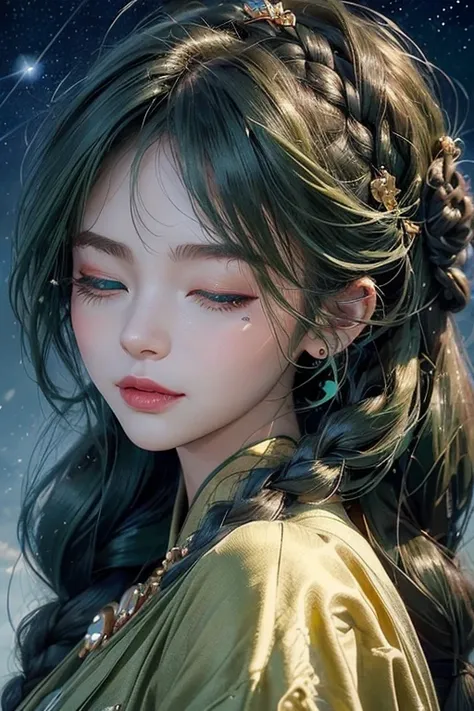 (    top quality ,   :1.2),  ((one eye closed:1.4)),     ((  braids  )).(( green hair:1.thirty-five)).   very detailed,        realistic       :1.37, fantasy, Illustration,      green eyes、       queen       ,        Red Dress      .Platinum decoration、bea...