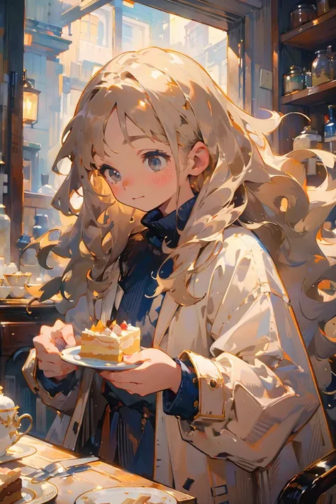 (detailed face), (high quality), ((masterpiece)), high resolution, lady, (beige:1.3), indigo point color, (fluffy coat:1.3), warm, cake, tea