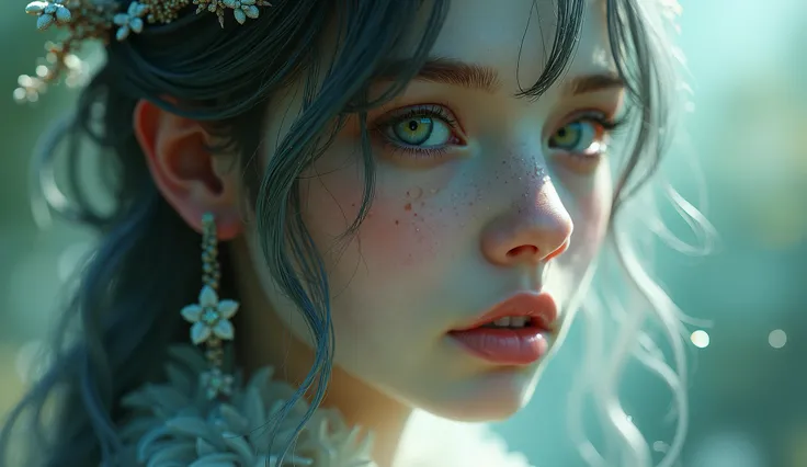 A mystical, ethereal fantasy girl with an otherworldly aura, captured in a captivating half-close-up shot, with an emphasis on intricate details and textures, set against a subtle, dreamlike backdrop that seems to blend seamlessly with her enchanting featu...