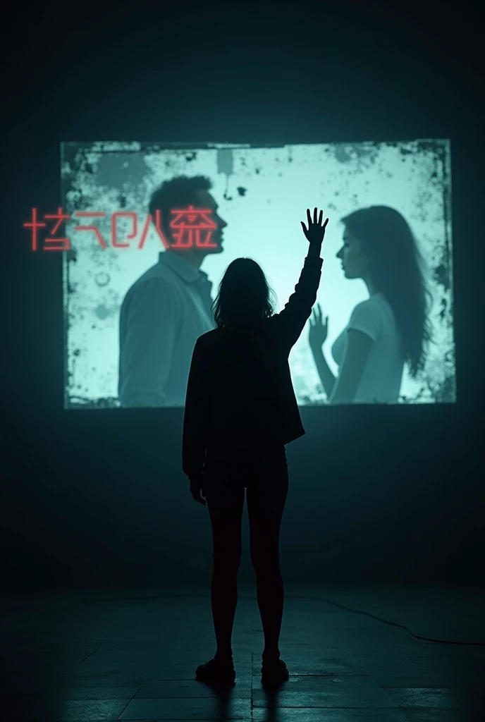 Create a scene with a lone figure standing in the dark, raising their hand as if warning the viewer. The background should be dark, with flickering lights and broken screens showing distorted images of foreign couples and increasing numbers. The atmosphere...