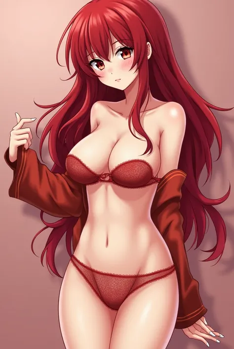 Create and image of the anime character Rias Gremory as naked as possible, with see through lingerine.