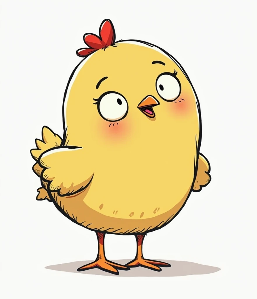 A cartoonish, light-yellow chicken is depicted in a simple, hand-drawn style. The chicken is positioned in the center of the image, facing slightly upward and to the viewers right. Its large, round body is a solid yellow, contrasted by the red comb and wat...