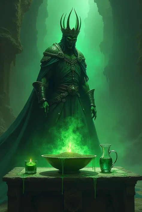 A green altar that stands in the west and on this altar is a glass jug filled with water and a green bowl with soil and a green burning candle and from the water from the glass jug and from the soil of the green bowl a demonic soldier with a crown on his h...