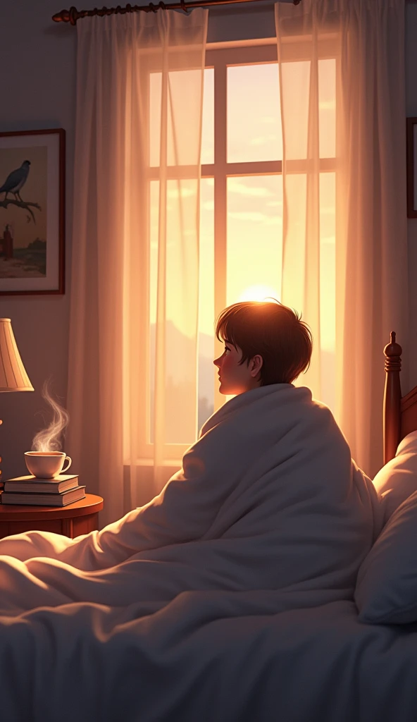 A realistic image of a cozy bedroom at dawn, with soft sunlight streaming through partially open curtains. A person is sitting up in bed, wrapped in a blanket, looking out of the window. The room has a peaceful ambiance, with small details like a bedside l...