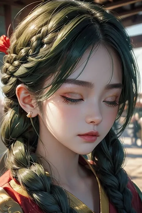 (    top quality ,   :1.2),  ((one eye closed:1.2)).  ((  braids  )).(( green hair:1.thirty-five)).   very detailed,        realistic       :1.37, fantasy, Illustration,      green eyes、       queen       ,        Red Dress      .Platinum decoration、beauti...