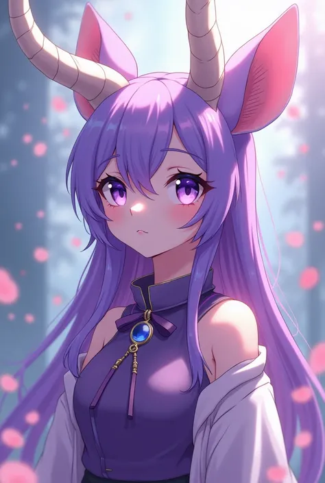 Furry, anthro, anime art, Kirin, Violet Eyes, purple face, White nose, White chin, Purple Body, White Hair, 2 white horns, femboy, Tengen Uzui Outfit, masterpiece, 4k, best quality