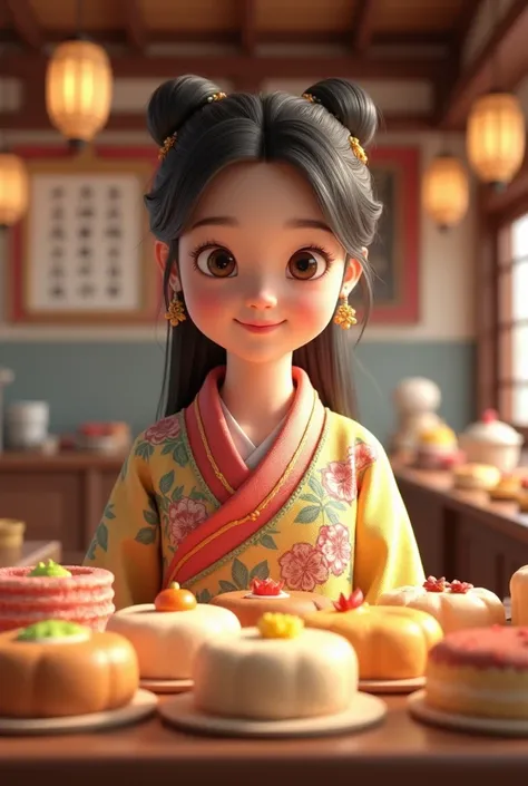 I want to create a model and style of a girl standing in front of a Korean rice cake counter Mr Pokki