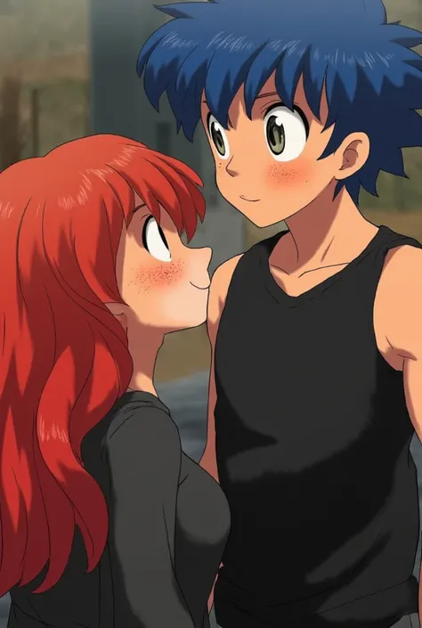  Realistic image of a red-haired girl with a face full of freckles looking at a boy with blue hair and a muscular body. Both will look at each other with a smile .  The boy will wear a black sleeveless t-shirt while she wears a black long-sleeved t-shirt 