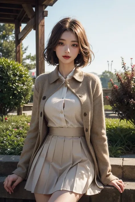 Short Coat、Black　Tunic、Tiered skirt、（big tits:1.9）、super short hair、Shiny hair、garden、 natural beauty 、 High Quality ,  high detail,  high image quality model , 最 High Quality , 