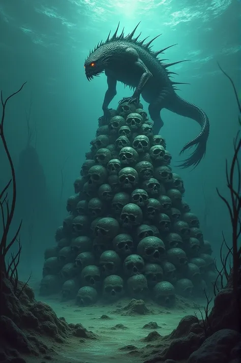 Sahuagin, under the water, standing on top of mountain of skulls