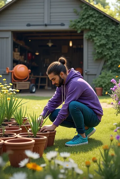 Man squats in the garden smiling and plants aloe vera in many terracotta flower pots ,  next to him is a small mound of earth ,  an orange concrete mixer ,  behind him a gray barn with a flat roof and ivy with an open front and lots of tools and stacks of ...