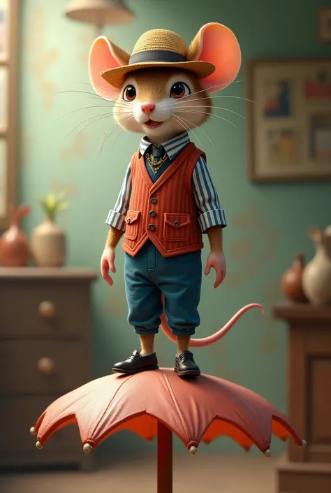 mushmouse was dressed in blue pant with stripped red vest, black shoes and straw hat.He was “dapper”, taller, standing on the base of the lamp shade that was an umbrella design.  