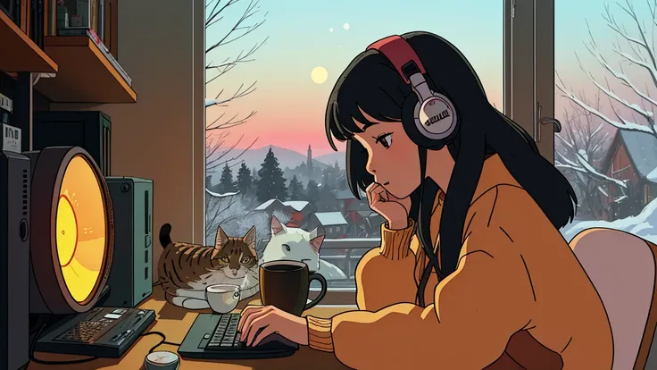 Girl sitting at a desk in lo-fi style and studying at the computer facing the window, snow, morning clock, looking at the computer, mug of coffee next to the computer, girl in warm clothes in the cold season, cute nearby Studying with cats, relaxing enviro...