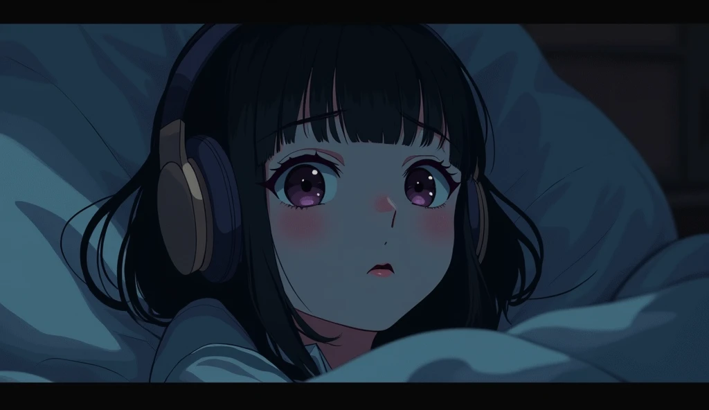 night、 girl listening to music in a cozy room,  close-up of the face of a , 2D-style animation, Lo-Fi,  high definition , Dark Environment