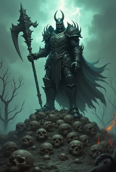 Death knight, in a battlefield, gloomy, scary, standing on a pile of skulls