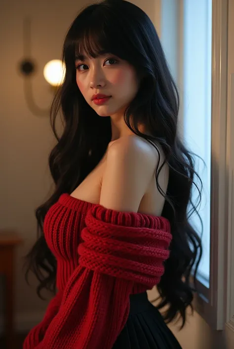 ( best quality , 8k, 32K,  masterpiece, Ultra-haute résolution:1.2), pretty japanese girl,(big boobs),Longs cheveux noirs, straight bangs, Silhouette voluptueuse、

Off shoulder sweater、 pleated skirt 、nuit、lit、