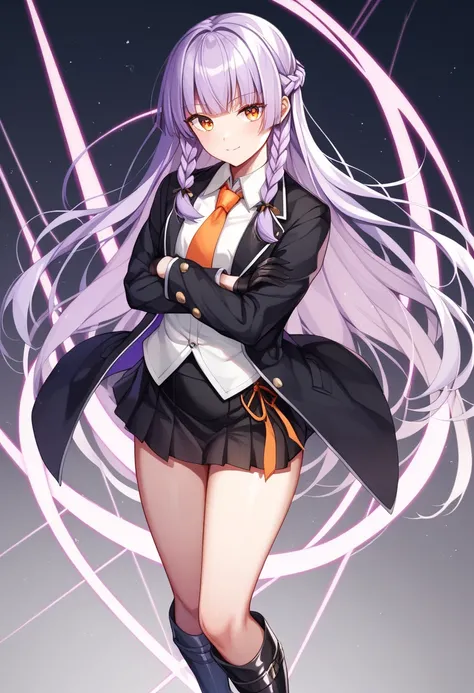  detailed illustration、Beautiful illustrations、 detailed eyes、 vibrant colors、 Dangangarong、Kyouko Kirigiri、 high school girl、 light purple hair、 long hair on background、French braids、 black jacket、orange tie、 black skirt、Black gloves、Thighs、 black long bo...