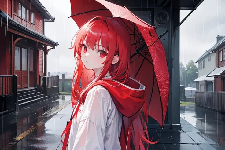 1girl, Solo, Long Hair, High Resolution, Masterpiece, Accurate, Best Quality, Detail, High Details, High Quality, Quality, Super Detailed, Red Hair, Red Eyes, Closed Mouth, From Side, Hood, Anime, standing in front of a house, side view, rainy weather, loo...