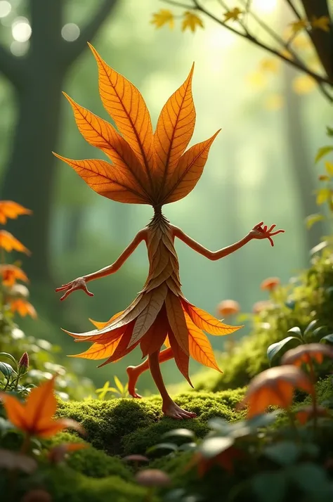 A mini character made with brown leaves who is dancing in the nature