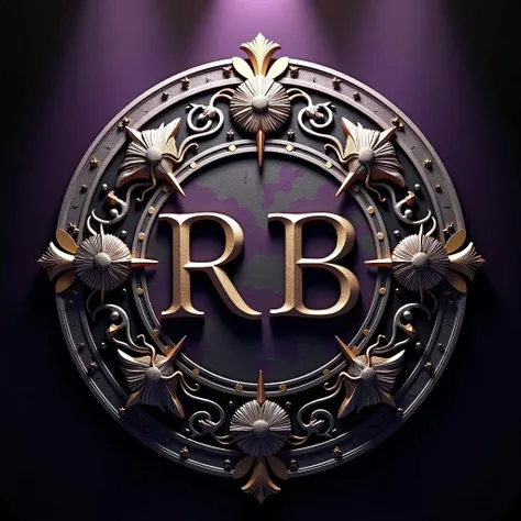 A family crest composed of the letters RB, intricately designed with wolf symbols carved into each corner, photorealistic, digital art, detailed engraving on a circular shield, metallic shades of silver and purple, polished gold accents, central positionin...