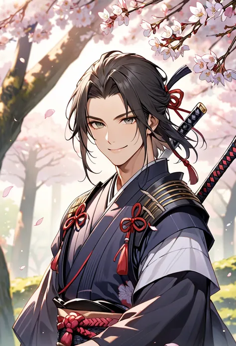 one male、 Japanese samurai、spring、Quiet Smile 