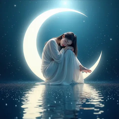 Korean girl curled up on a bright crescent moon The moonlight shining on the hair of Korean girls creates a calm and dreamy atmosphere. The background is dark blue, faded to black. In the foreground is a smooth, reflective surface, it can be water, adding ...