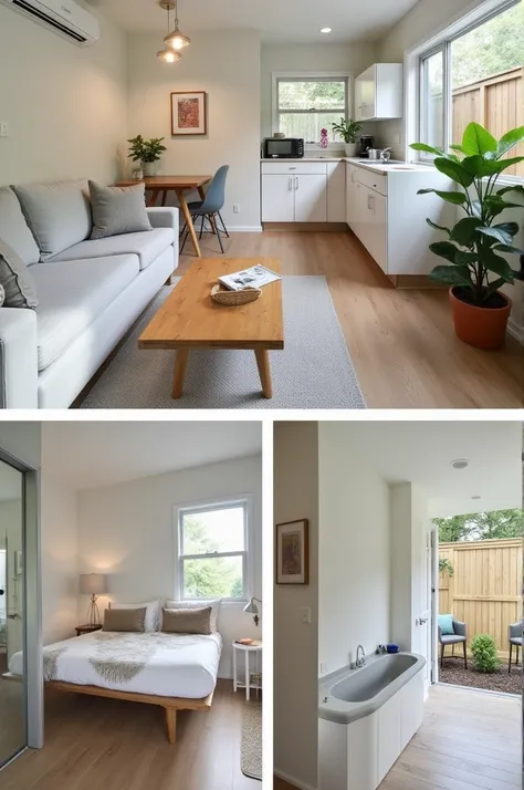 A cozy modern cottage with an open floor plan. The living area has a neutral color palette with a light gray sofa and a wooden coffee table. The kitchen is compact, featuring white cabinets, a small dining table, and modern appliances. The bedroom has a qu...