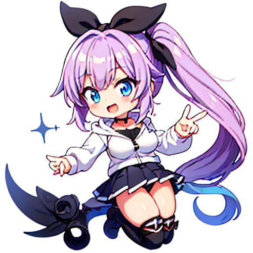 ((Anime Girl, 1 Girl, 18 Years Old Girl, Side Ponytail:1.2, Lilac Colored Hair:1.2, Ahoge, Wavy Hair, Blunt Bangs, Huge Breasts:1.2, Collarbone, Blue Eyes, Long Eyelashes, Small Waist, Beautiful Skin, Cute, Chibi, Good Humor, Smile, Teeth, Raise Hand, Peac...