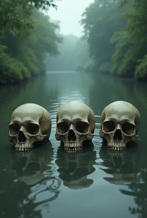 Create three skulls swimming in a river