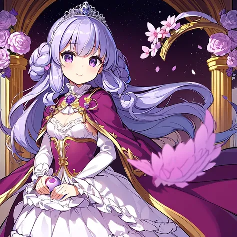 (solo), kawaii, masterpiece, best quality, rococo style gown, (long train purple cape:1.15), (long train white ball gown:1.1), (long train skirt:1.1), gown with flower decorations, a princess is wearing a long cape over her gown, 1 little princess, tiara, ...