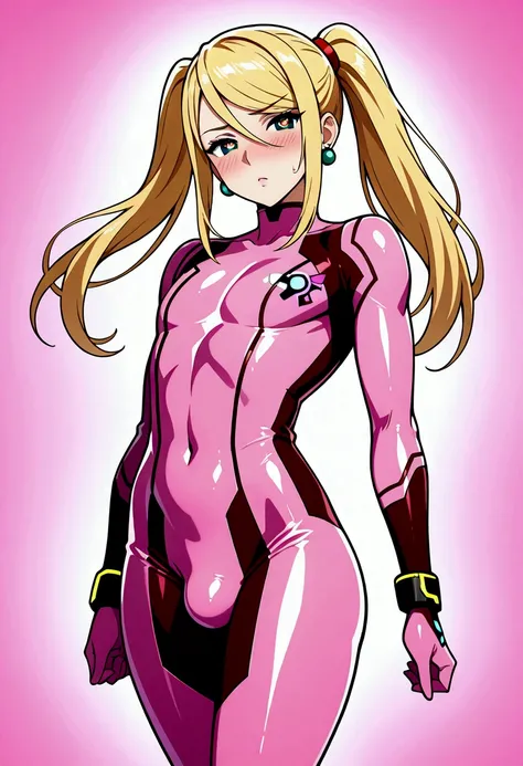 1girl,Samus aran,solo,green eyes,blonde hair,zero suit,pink body suit,dark red stripes,heart-shaped pupils,heart-shaped eyes,Science fiction,ultra-detailed,sharp focus,aesthetic,(best quality), weeby as gold armor weeb anime concept art wallpaper, kappa by...