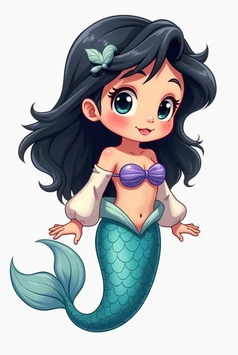 Picture a baby mermaid wearing long-sleeved clothes. Her legs are blue, her tail is blue, her eyes are black, her hair is black, her tail fin is watery, and her tail fin is red. Cant you draw it really pretty and cute?